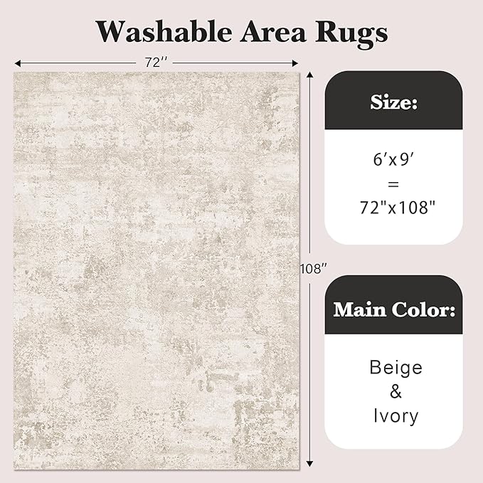 Art&Tuft Washable Rugs 6x9, Anti-Slip Backing Abstract 6x9 Area Rugs, Stain Resistant Rugs for Living Room, Foldable Machine Washable Area Rug (6'x9', Beige)