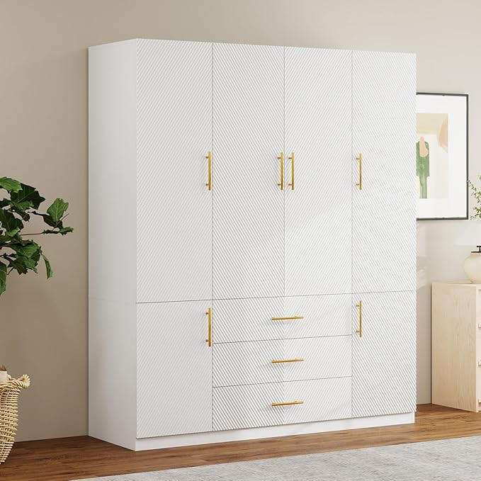 White Wardrobe Closet with Doors, 3 Drawers, Hanging Rods, Metal Handles, Large Capacity, Modern Minimalist Design, Textured Finish，Ideal for Bedroom 63.0" W x 20.47" D x 74.21" H (26)
