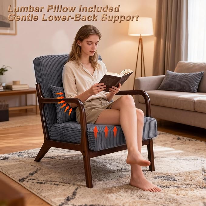 Set of 2 Mid Century Modern Accent Chair with Solid Rubber Wood Frame, Comfy Corduroy Reading Armchair with Lumbar Pillow, Heavy Duty Lounge Chair for Bedroom, Living Room & Small Spaces