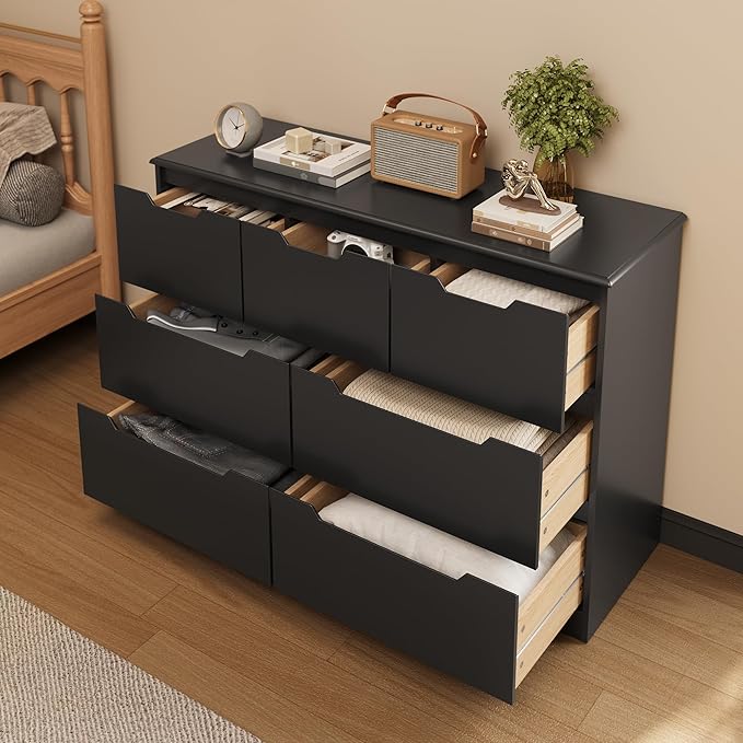 Gizoon 7 Drawer Dresser, 48" Wide Wood Chest of Drawers for Bedroom, Black Modern Storage Organizer, Handle Free Design, Living Room, Kids Room, Entryway, Hallway, Black