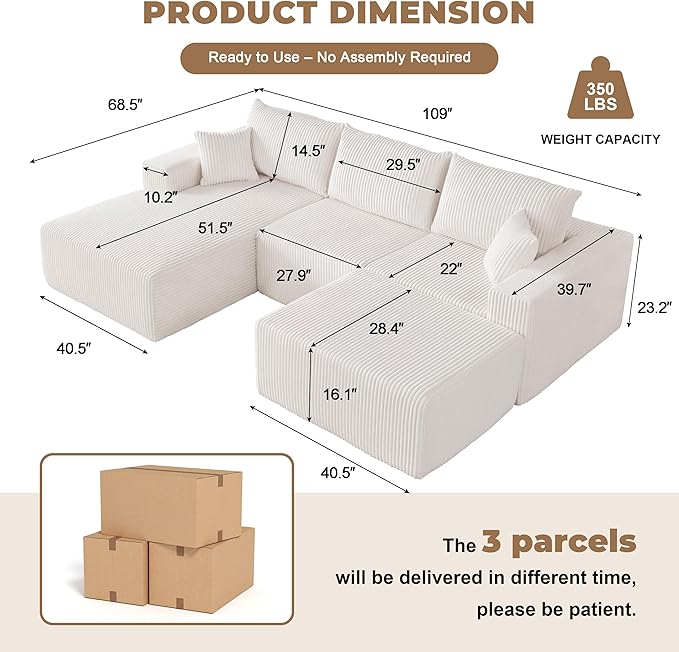 Weture 108” Modular Sectional Couches, Modern Modular U-Shape Sofa with Chaise, Cloud Sectional Couch with Deep Seat, Upholstered Boneless Sofa for Living Room (Corduroy, Beige)
