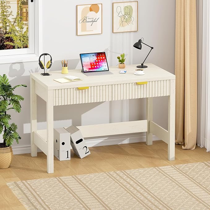 YOMILUVE Fluted Computer Desk with 2 Drawers, 39 Inch Small Computer Desk with Storage, Compact Writing Study Vanity Desk for Small Spaces, White