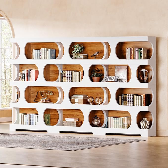 Tribesigns 71" Tall Bookcase Set of 2, 4-Tier S-Shaped Bookshelf, Wood Decorative Storage Shelving, Modern Freestanding Display Shelves, Large Library Bookshelf Unit for Home Office, White & Brown