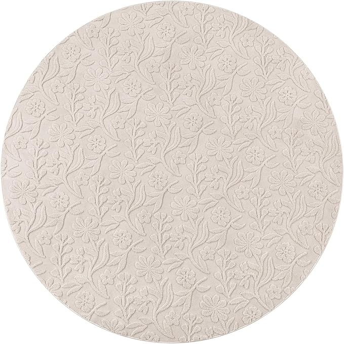 Vaukki Round Rug for Living Room, Soft Fluffy Washable Modern Floral Indoor Floor Mat, Non Slip Shaggy Boho Accent Throw Carpet for Bedroom, Living Room, Nursery and Dining Room, Beige, Round-5Ft