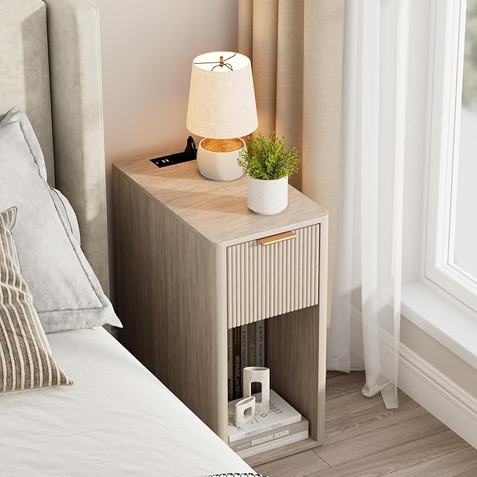 Homleke Narrow End Table with Fluted Drawer and Charging Station, Small Nightstand with USB Ports & Outlets, Bedside Table for Bedroom or Living Room, Modern Accent Table, Light Gray Birch