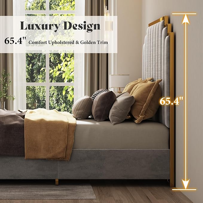 AMERLIFE California King Size Upholstered Bed, Modern Velvet Bed Frame with 65.4” Tall Gold Trim Headboard, No Box Spring Needed, Grey
