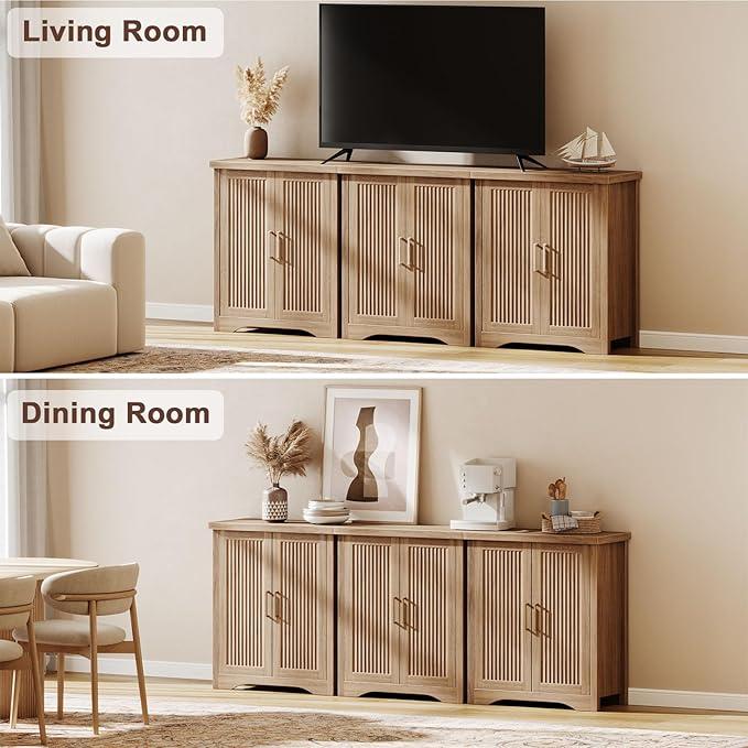 Memobarco Fluted Buffet Cabinet with Storage Accent Sideboard,Modern Credenza with 2 Doors & Adjustable Shelves,Wood Coffee Bar Table Console for Dining Room Kitchen Living Room Entryway,Natural Oak