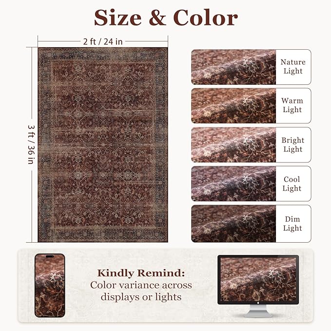 Brick Red 2x3 Entryway Rug, Vintage Earthy Front Door Mat Indoor Entrance, Low Pile Thin Kitchen Rugs Washable Non-Slip, Aesthetic Moody Small Area Rugs for Entry Way Bedroom Bathroom