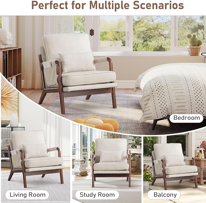 ANJ Mid Century Modern Accent Chair, Lounge Reading Armchair with Extra Side Pocket & Detachable Cushion, Comfy Fabric Accent Chairs for Living Room, Bedroom,Beige