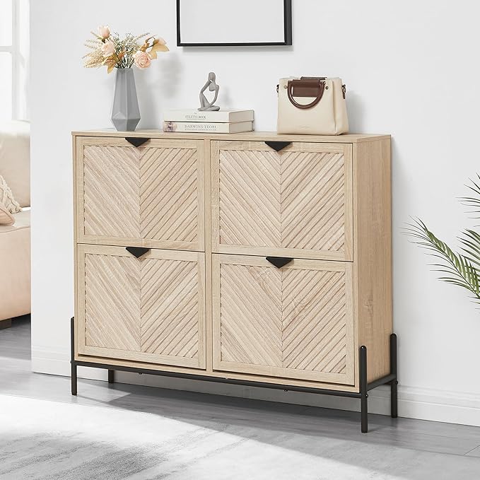 Shoe Cabinet Storage with 4 Flip Drawers, Narrow Hidden Shoes Organizer Cabinet for Entryway, Freestanding Slim Shoe Rack Front Door Entrance(Oak)