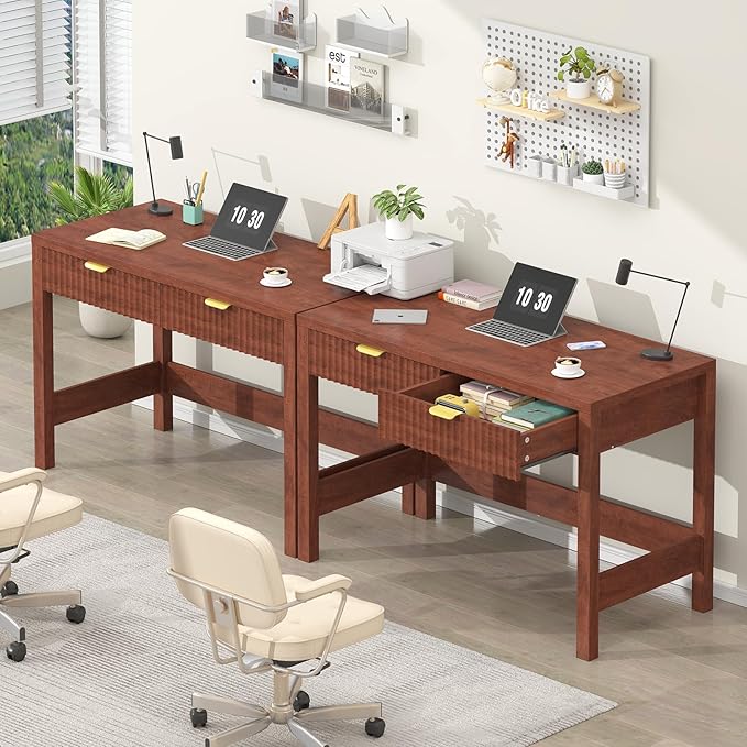 YOMILUVE Fluted Computer Desk with 2 Drawers, 39 Inch Small Computer Desk with Storage, Compact Writing Study Desk for Small Spaces, Red Walnut