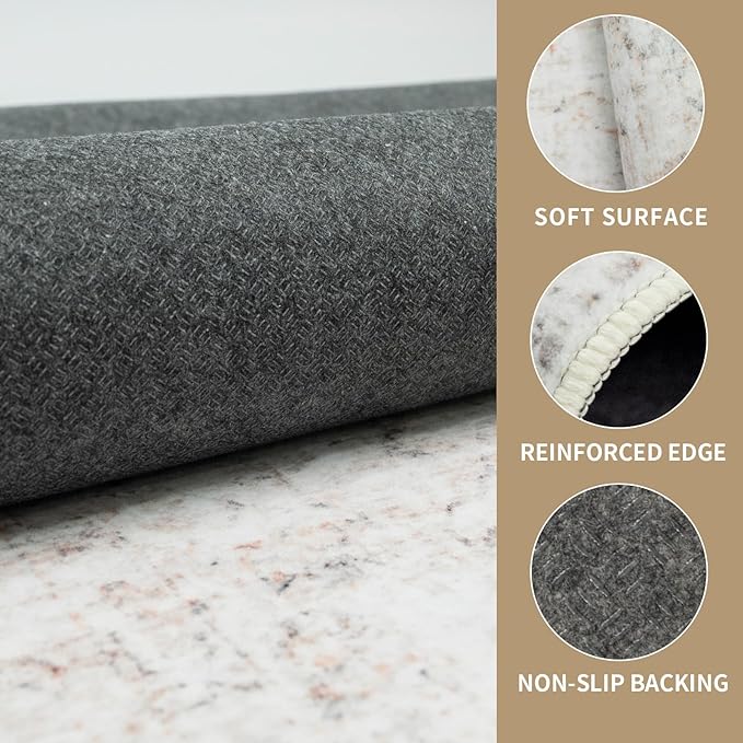 Washable 3×5 Area Rug for Living Room, Vintage Floral Rug Soft Non Slip Stain Resistant Boho Carpet for Bedroom Dinning Room Home Office Beige New