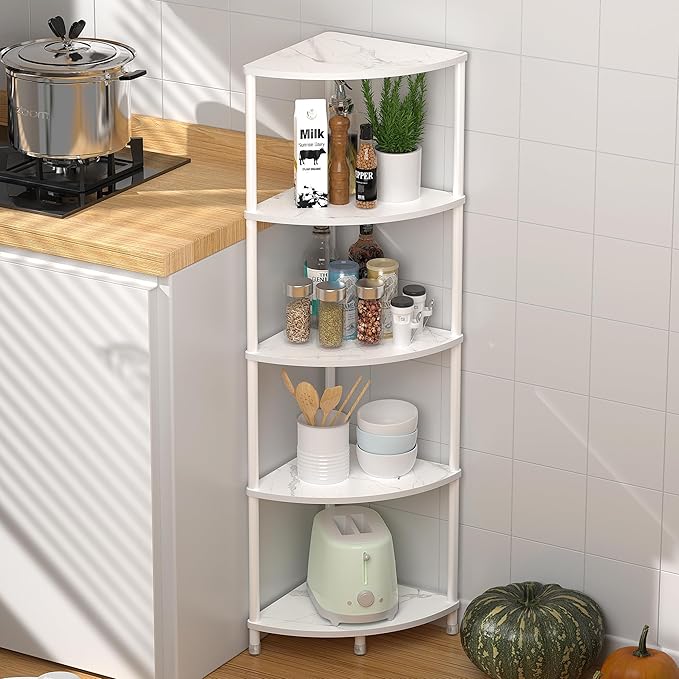 5 Tier Corner Shelf Stand, 44.1" Kitchen Shelf Organizer with Metal Frame, Small Corner Shelf for Bathroom Organization & Storage, Marble White Corner Shelf for Kitchen Decor Accessories