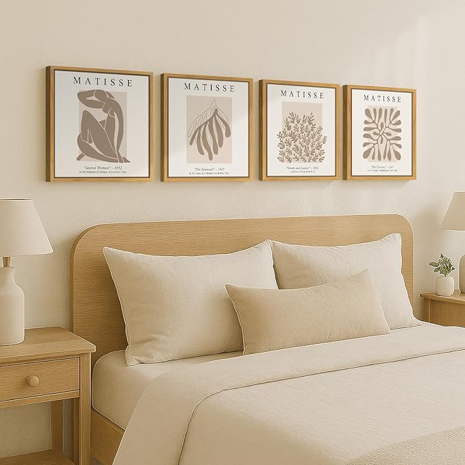 Framed Abstract Wall Art, Set of 4 Piece Modern Beige Canvas Picture Artworks Decor, Matisse Minimalist Neutral Painting Prints for Living Room Bedroom Cabinet and Dining Room