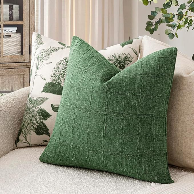 Foindtower Set of 2 Decorative Linen Check Throw Pillow Covers Neutral Farmhouse Vintage Cushion Covers Modern Boho Accent Home Decor for Sofa Chair Couch Bedroom Living Room,24×24 Inch,Forest Green