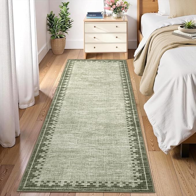 GarveeHome Modern Bordered Runner Rug 2x6 for Hallway Non Slip Low Pile Neutral Kitchen Runner Rugs Washable Bedroom Throw Carpet Geometric Cross Runners Mat for Living Room Nursery Laundry, Green