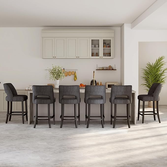 VKNOW Bar Stools Set of 6, 26" Upholstered Counter Height Bar Stools, Modern Counter Stools with Black Legs for Kitchen Island Dining Room Bar, Dark Grey-Black Legs
