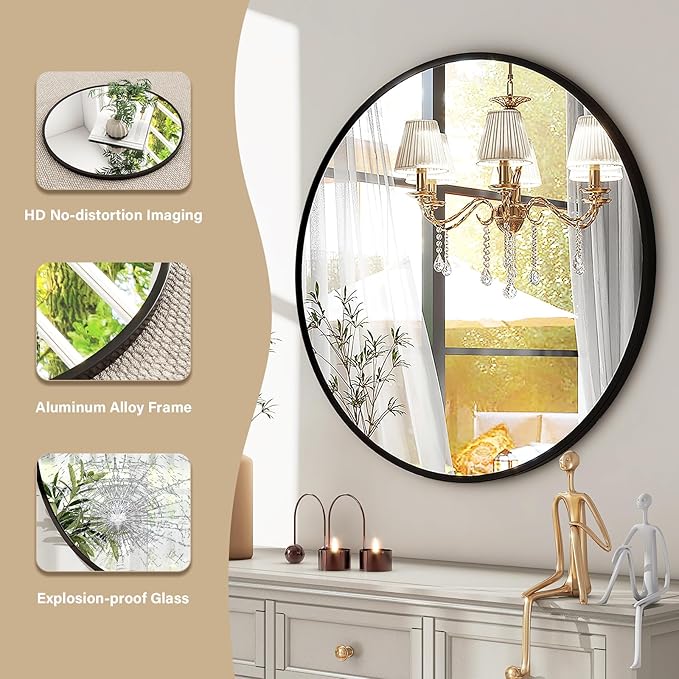 HARRITPURE Round Mirror 24 Black Wall Mounted Circle Mirrors Vanity Mirror with Brushed Aluminum Alloy Frame Modern Decoration for Bathroom, Living Room, Vanity, Bedroom, Entryway