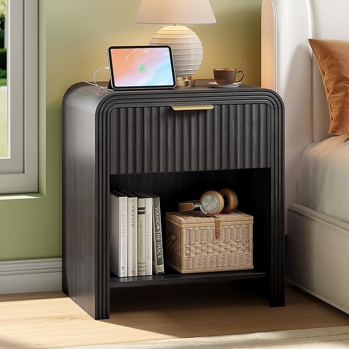 Decofy Fluted Nightstand with Charging Station, Modern Bedroom Side Table with Gold Handles, Curved Profile Design, End Table Wood Organizer for Bedroom, Open Shelf & 1 Drawers (1 Pack, Dark Walnut)