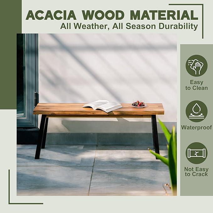 VICTORY RELAX Solid Wood Bench - Minimalist Design, Acacia Wood Construction, Natural top-Black Leg Color, Versatile for Entryway,Living Room,Bedroom & Outdoors,Easy Assembly & Weather-Resistant