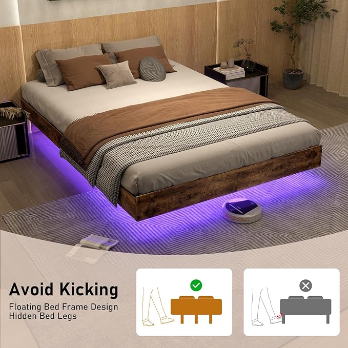 Floating Bed Frame King with LED Lights, Metal Platform King size Floating Bed Frame with Under Bed Storage, Heavy Duty Steel Slats Support, No Box Spring Needed, Noise Free, Easy Assembly, Brown