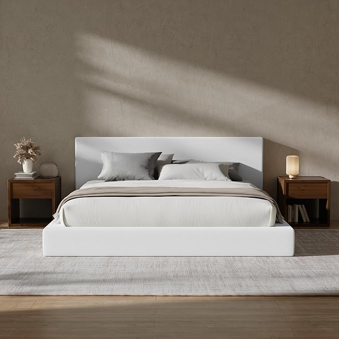 RECCI AirFrame California King Bed Frame with Headboard, Cloud Upholstered Platform Bed Frame, 5 Inch Foam Cushioned, No Box Spring, Easy Assembly(Snow White)