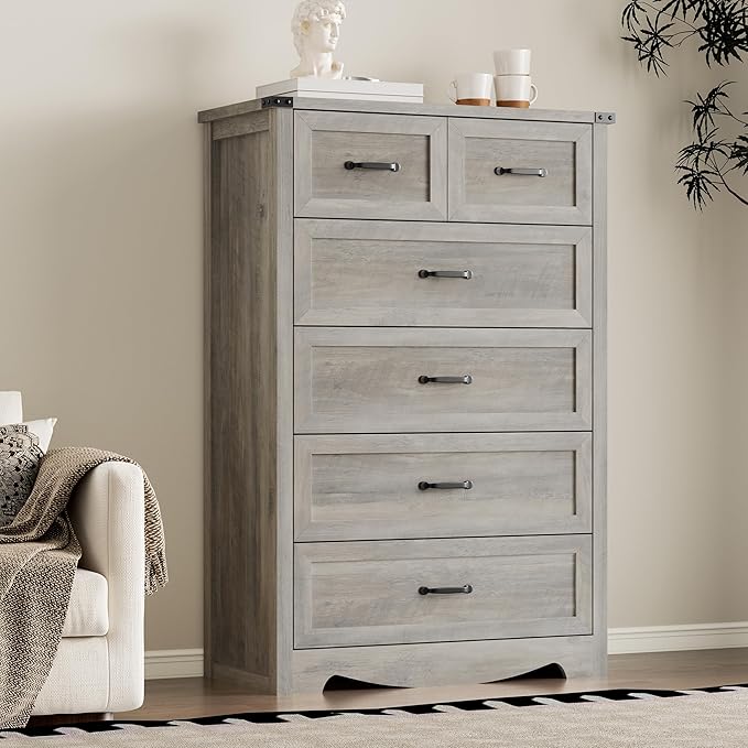 BORNOON Tall 6-Drawer Dresser for Bedroom, Modern Wooden Chest of Drawers with Metal Handles, Anti-Tipping Design, Sturdy and Stable Storage Organizer for Living Room, Entryway, Home Office