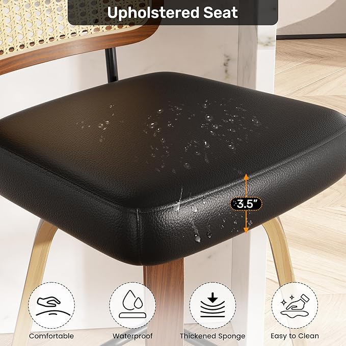 Swivel Bar Stools Set of 1, 26" Upholstered Faux Leather Counter Height Barstools with Rattan Back & Bentwood Legs, Mid Century Modern Bar Chairs Island Stools for Kitchen Counter, Black