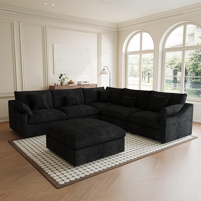 Modular Sectional Sofa Cloud Couch, Oversized 5 Seater Couch with Ottomans, Extra Large V Shaped Sofas Deep Seat Couches for Living Room, Sofa Covers Washable&Removable, Black