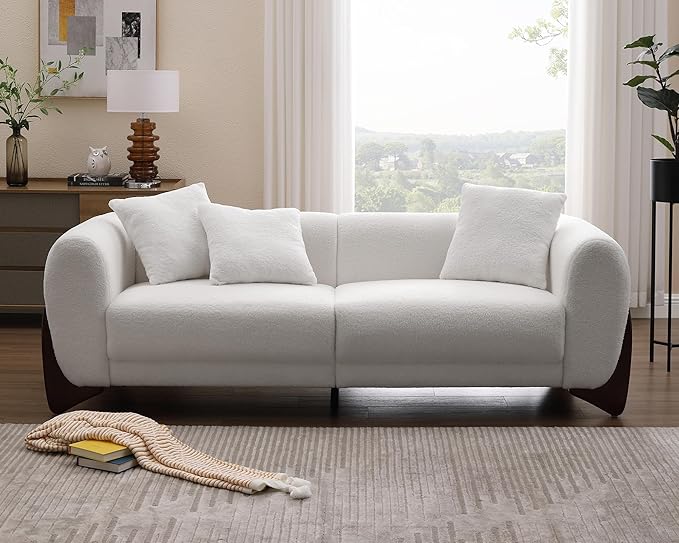 Morden Fort 2 Piece Cloud Couch Set, Modern Sherpa Boucle Sofa Set with Wood Legs, Skin-Friendly Minimalist Upholstered Comfy Couch Sofa for Living Room, White 3-Seater & Geen Tilt Back Chair Mix
