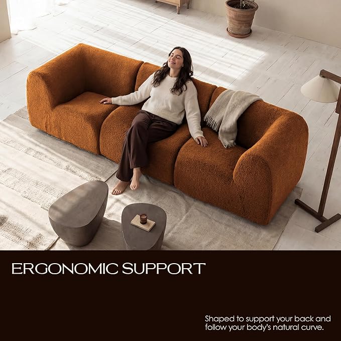 Curved Single Sofa Corner Chair, 38" Boneless Sherpa Couch, Comfy Teddy sofas for Small Spaces, Modern Sectional Modular Couches for Living Room, Bedroom, Apartment, Dorm, Office– No Assembly, Orange