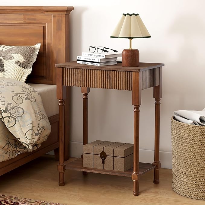 XUZENEST Fluted Nightstand with Charging Station, 23.6” Large Bed Side Table End Table with Drawer, Modern Mid Century Solid Wood Legs Night Stands Bedside for Bedroom Living Room Sofa Office, Walnut