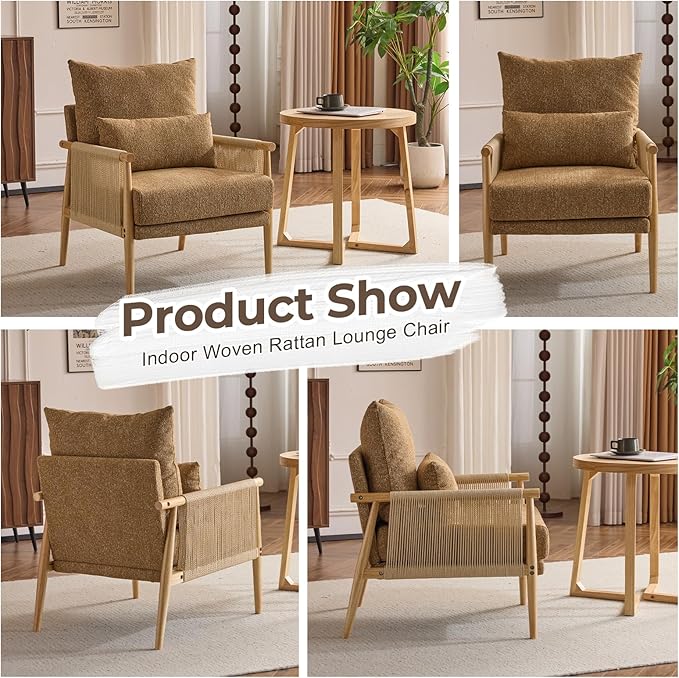 Karl home Cozy Chenille Accent Chair with Lumbar Pillow & Rattan Arms Modern Lounge Chair for Living Room, Bedroom, Reading Nook, Khaki