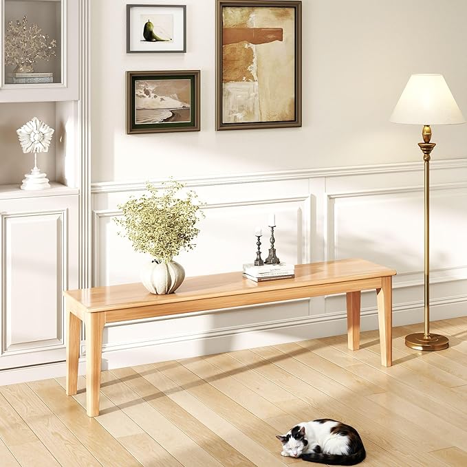 Dining Bench 63" Wood Solid Oak Wooden Bed End/Entryway Bench for Bedroom Living Room Kitchen(Nature)