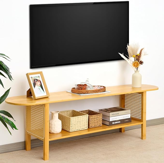 Bamboo TV Stand for TVs up to 65", Accent Entertainment Center with Storage, Media Console Table with Rattan, Modern TV Stand for Living Room, Bedroom, 55"(L), Burlywood