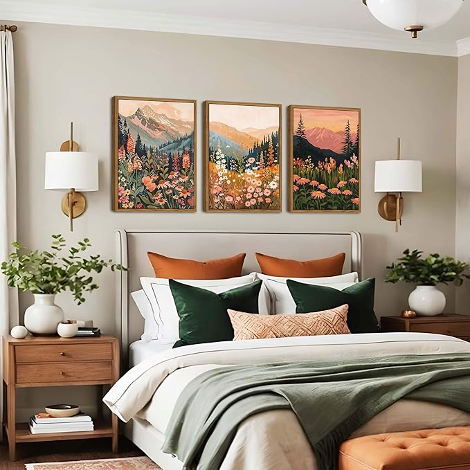 Floating Framed Large Boho Colorful Mountain Wall Art Set of 3, Vintage Wildflower Landscape Canvas Wall Decor Paintings, Nature Floral Forest Posters Pictures Prints for Living Room 16x24 Inch