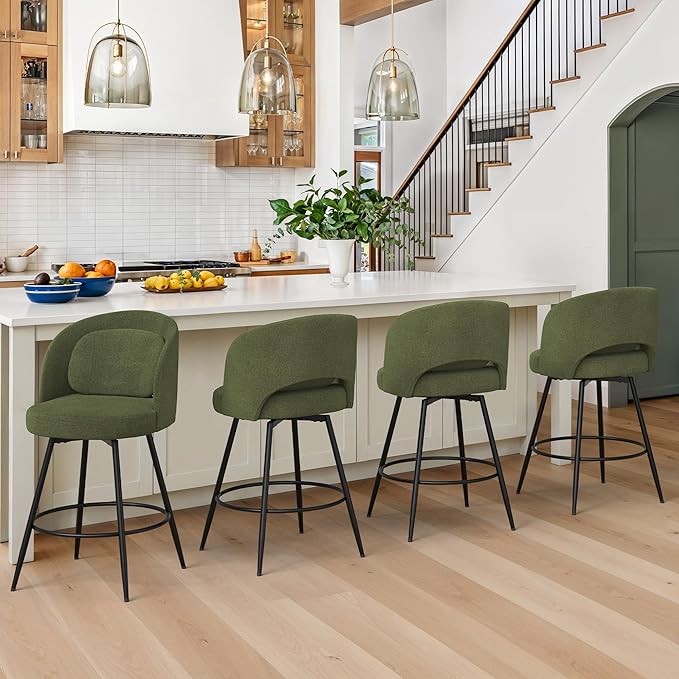 LUE BONA 26''H Swivel Bar Stools Set of 3, Counter Height Bar Stools with Backs, Lumbar Pillow and Black Metal Frames, Upholstered Morden Barstools for Kitchen Island, Chenille Farbic, Green
