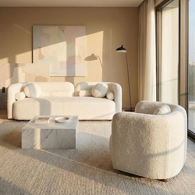 Curved Sofa Set for Living Room, 3-Seater Upholstered Boucle Fabric Modern Sofa Set of 2 Piece Couch Set Rectangular Sofa with Oversized Single Sofa Chair Modern Sofa Set Home Bedroom Office White