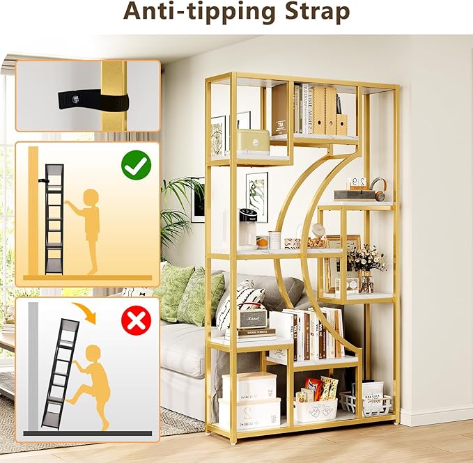 LGHM 79" W Luxury Marble-Patterned White Gold Bookshelf, Modern Geometric Half-Moon Style, Flexible Modular Open Storage Unit for Living Room, Home, Office