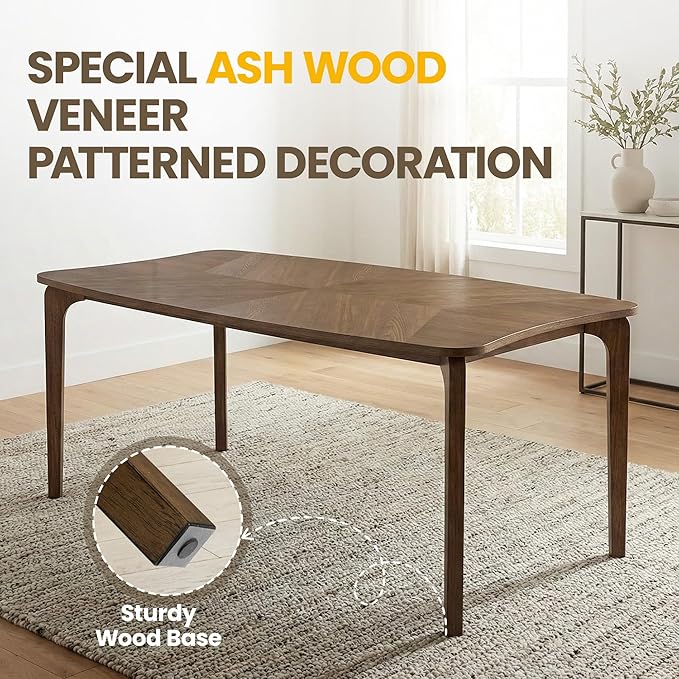 HNY Modern Curved Edge Dining Table, 63" Solid Wood Kitchen Table with Herringbone Pattern Mid-Century Rectangular Dinner Table for 6-8 People, Walnut Color Finish