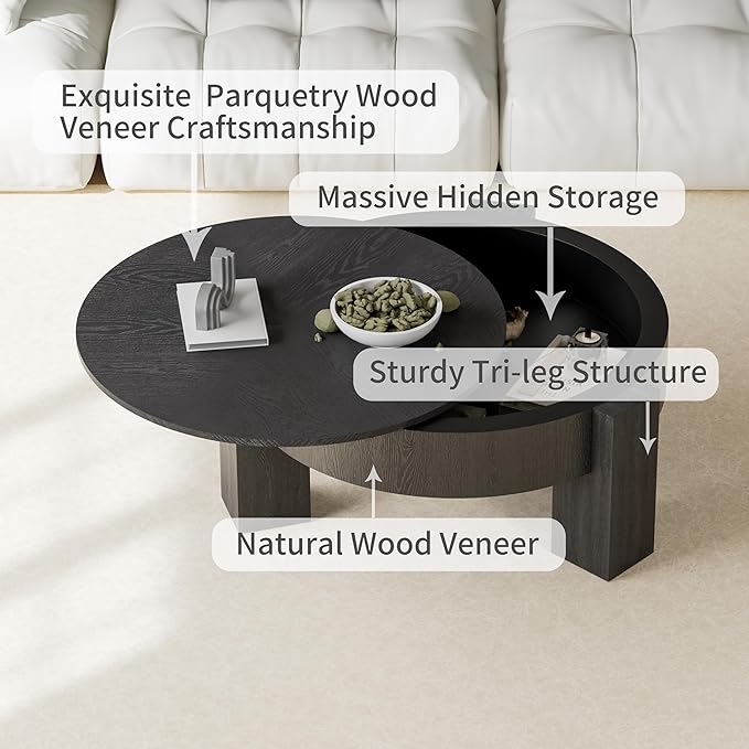 33'' Round Coffee Table with Hidden Storage, Modern Wood Veneer Top, 3 Block Legs Sturdy Center Accent Table for Living Room, Small Space, Black