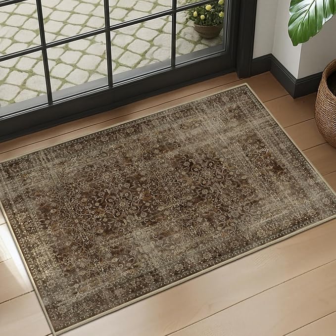 Coffee Brown 2x3 Entryway Rug, Vintage Distressed Front Door Mat Indoor Entrance, Low Pile Thin Kitchen Rugs Non-Slip Washable, Earth Tone Small Area Rugs for Entry Way Bedroom Bathroom
