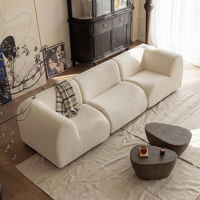 Curved Modular Single Sofa Chair, 33" Foam Boneless Sherpa Couch, Comfy Teddy sofas for Small Spaces, Modern Sectional Couches for Living Room, Bedroom, Apartment, Dorm, Office– No Assembly, White
