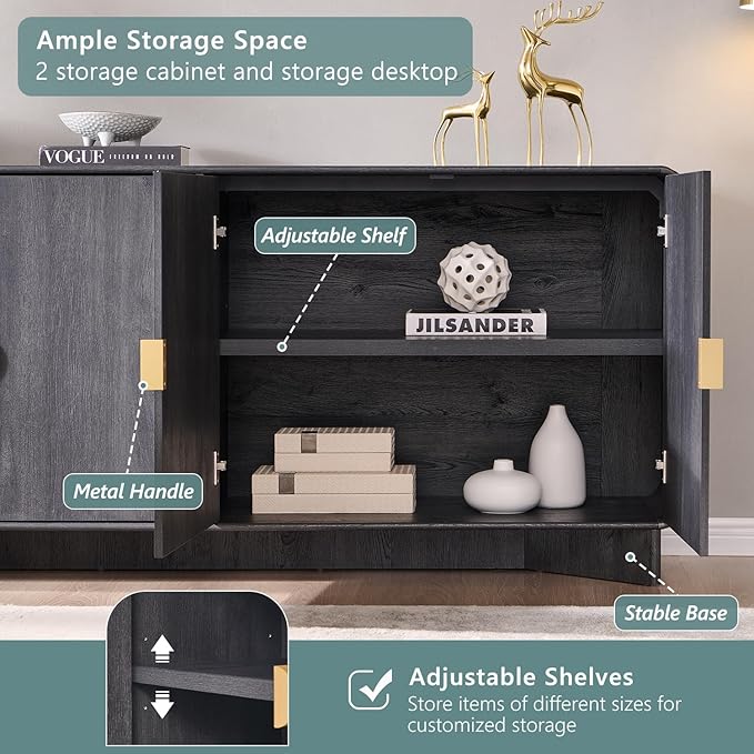 IFGET Modern Buffet Cabinet with Storage, 70" Large Sideboard Buffet Storage Cabinet with 4 Doors and Adjustable Shleves, Wooden Curved Coffee Bar for Dining Room, Kitchen, Living Room, Dark Grey