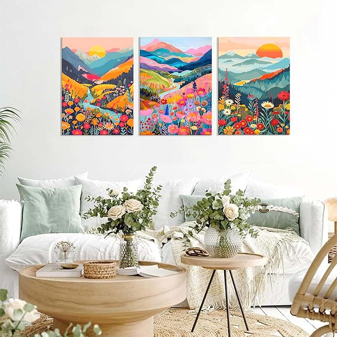 Colorful Watercolor Mountain Canvas Wall Art Set of 3 Boho Flower Picture Wall Decor Abstract Nature Landscape Artwork Paintings Posters Print for Living Room Bedroom Office 24x16In Framed