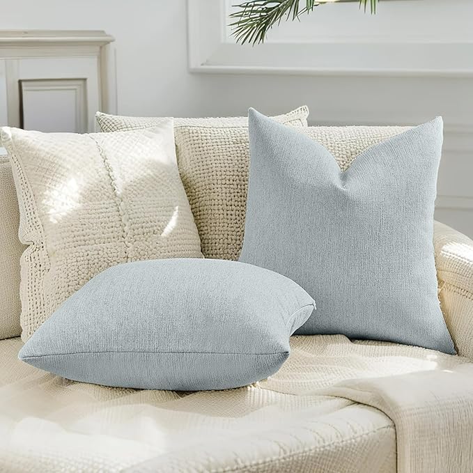 HAUSSY Dusty Blue Throw Pillow Covers 18x18 Inch Set of 2,Boho Decorative Faux Linen Throw Pillows Cozy Farmhouse Accent Cushion Covers,Home Decor for Couch Sofa Bed Living Room