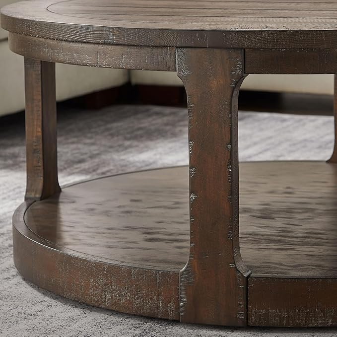 Coffee Table Round Wood 40" Modern Coffee Tables for Living Room Brown Circle Center 2-Tier Solid Desktop Accent with Shelf Storage Minimalistic Design Home Furniture Apartment Office Easy to Assemble