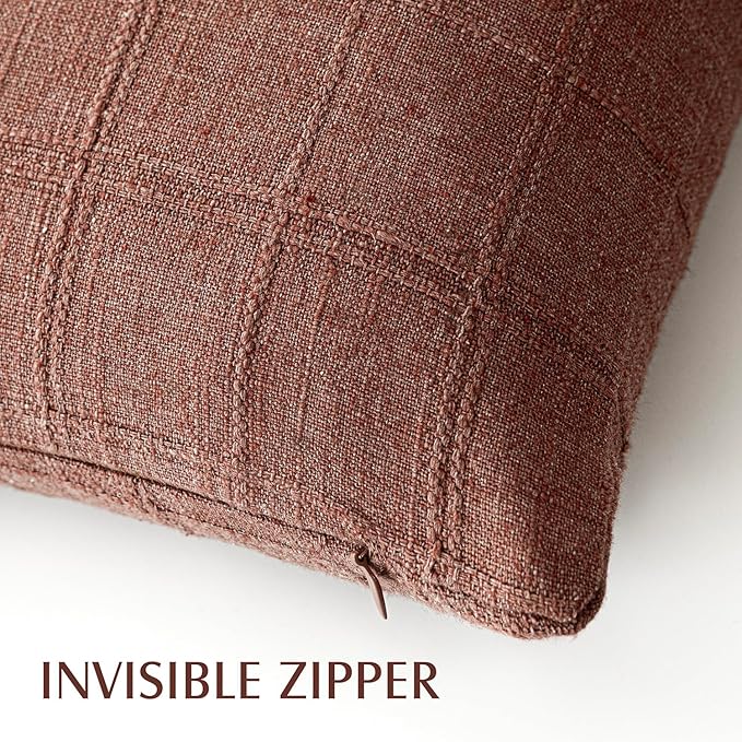 Foindtower Set of 2 Decorative Linen Check Throw Pillow Covers Neutral Farmhouse Vintage Cushion Covers Modern Boho Home Decor for Sofa Chair Couch Bedroom Living Room,22×22 Inch,Autumnal Red