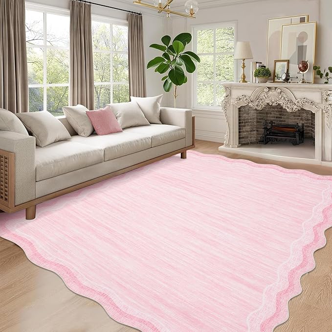 Garvee Scalloped 9x12 Area Rugs for Living Room Large Washable Rugs,Neutral Solid Rug Stain Resistant Non Slip Floor Mat Carpet Indoor Accent Rug for Bedroom Dining Room Playroom Home Decor,Pink