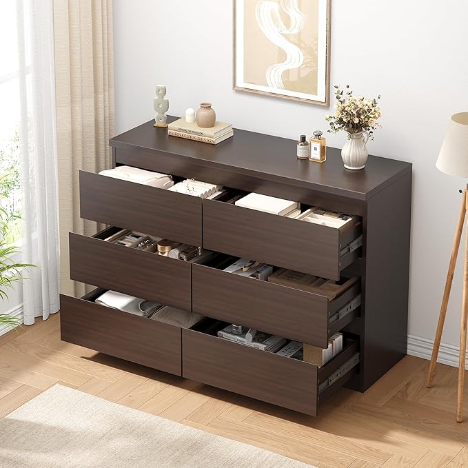 Jocoevol Modern 6 Drawer Dresser - Simply Chest of Drawers for Bedroom, Closet, Living Room, Hallway, Entryway, Wood Storage Double Dresser with Smooth Metal Rails - Retro Brown